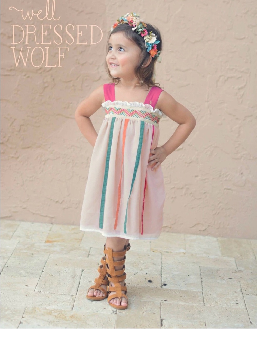 Well Dressed Wolf Girls' Pink Ruffle Sundress Tropical Maddie Ribbon Detail Bout